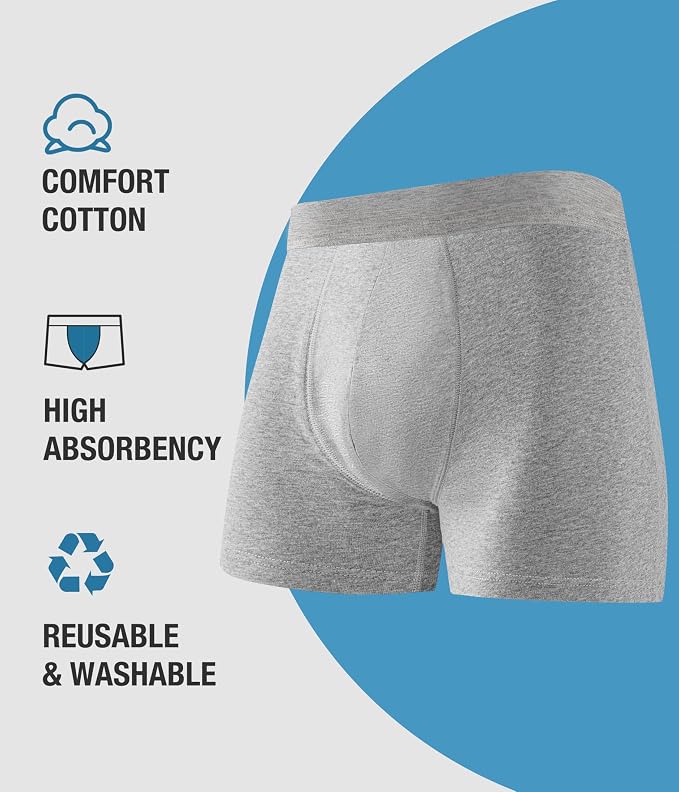 YESWEL Men's Incontinence Underwear, Leak Proof Washable Reusable Cotton Boxer Brief, Heavy Flow Bladder Leak 3 Pack (Grey, XXXX-Large)