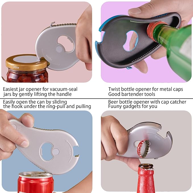 Multifunctional Bottle/Jar and Can Opener,Twist-Off Plastic Water Bottle,Pull Tab Soup,Magnet Beer Opener,for Weak Hands,Seniors,Elderly,Rheumatoid Arthritis,Lid Seal Remover (Black)