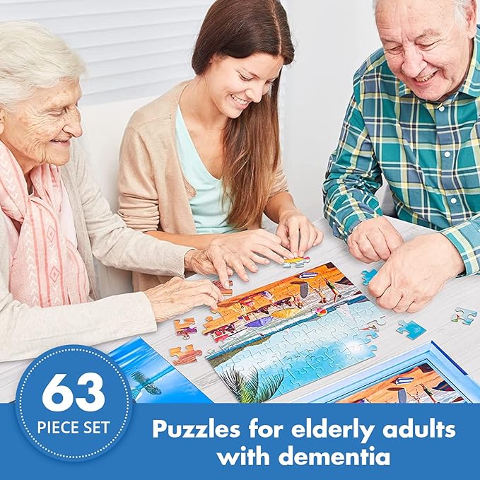 Assistex Large Piece Jigsaw Puzzle for Seniors with Dementia with Conversation Prompts, Large Piece Memory Game for Adults, Elderly, and Dementia Patients – Beach Puzzle, 63 pcs
