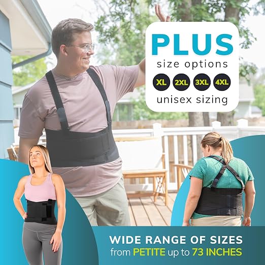 BraceAbility Work Back Brace - Industrial Lower Back Pain Protection Belt for Men and Women in Construction, Moving, Warehouse Jobs - Removable Suspender Shoulder Straps for Heavy Lifting Safety (XL)