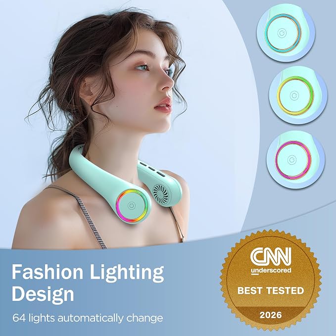 GULAKI Portable Neck Fan, Personal Fan with 4000mAh Battery, Rechargeable Neck Fan with 3 Speeds and 64 Cool Lights, Birthday Gifts for Men Women Mom Dad, Hands Free Cooling fan for Summer(Green)