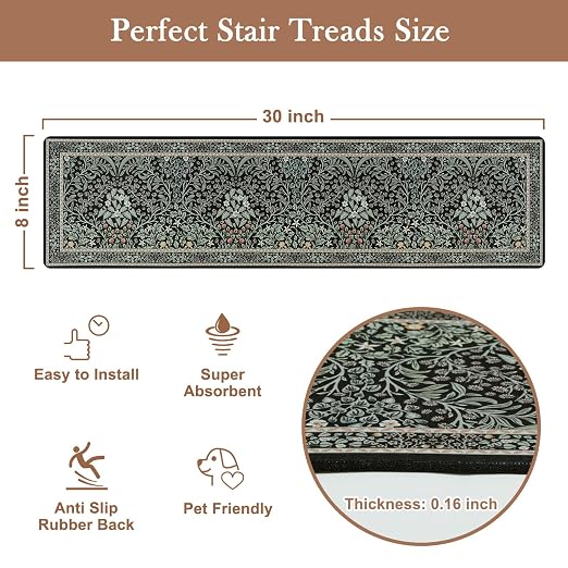 OJIA Stair Treads Non-Slip Stair Runner for Wooden Steps 4PCS 30"x8" Black | Indoor Floral Carpet Stair Treads Stair Mats Staircase Step Treads for Kids, Elders and Dogs, Stair Covers, Black
