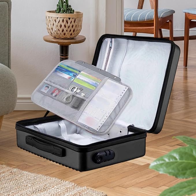 Fireproof Document Box Secure Storage Waterproof Briefcase files Organizer Bag Hard Container Case for Contracts Outdoor, Black