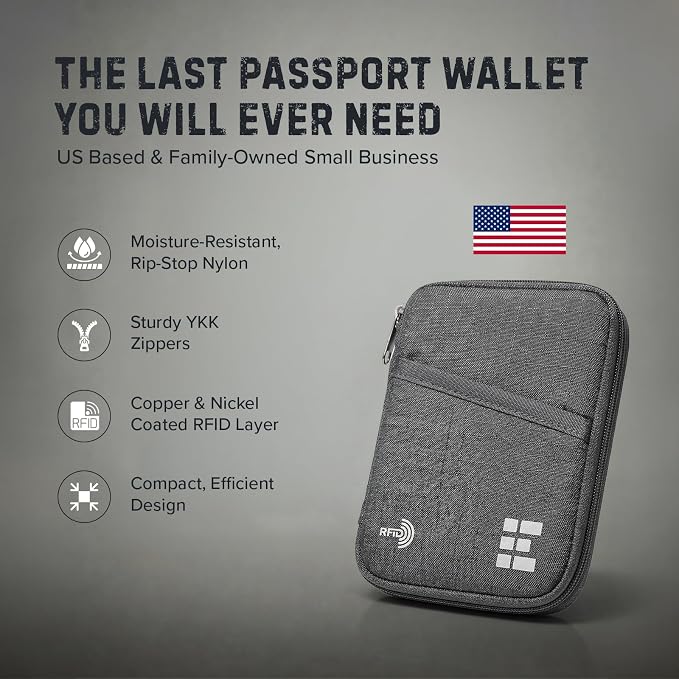 Zero Grid RFID Passport Holder for Passports & Cards, Zippered, Grey | Zippered Travel Wallet for Men & Women, Fits Passport, Cards, Cash, ID, Sim Card; Compact Travel Document Holder, Shadow Grey