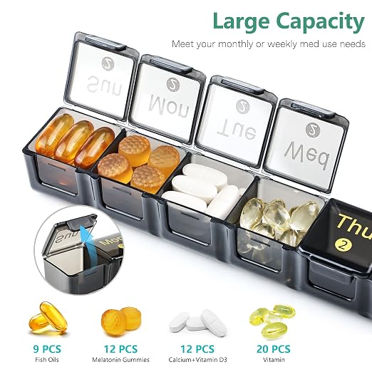 FHORAIN Monthly Pill Organizer 28 Day, 4 Weeks Pill Box 7 Day, XL Weekly Medicine Organizer for Vitamins, Fish Oil, Supplements(Black)