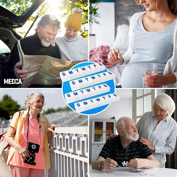 Weekly Pill Organizer - 7-Day Pill Planner Extra Large Pill Planner and Daily Pill Organizer and Medicine Reminder, Monday to Sunday Compartments - BPA Free - Travel Pill Box Case (Pack of 4)