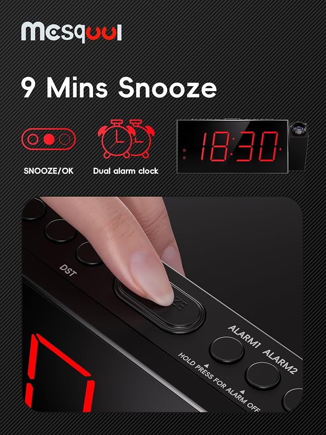 Mesqool Projection Alarm Clock with Bed Shaker, 7" LED Display, 180° Projector, 5-Level Dimmer, USB Phone Charger, Battery Backup, Loud Vibrating Alarm Clock for Heavy Sleepers, Snooze, DST