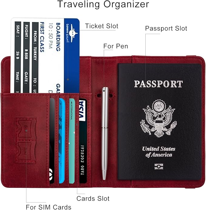 WALNEW Passport Holder for Travel, RFID Passport Cover Wallet for Women Men, PU Leather Passport Book Card Holder Case with Pen, Travelling Essentials for Flying | PU Leather Passport Cover Case with Pen Holder, Travel Must Haves Accessories, Passport ...