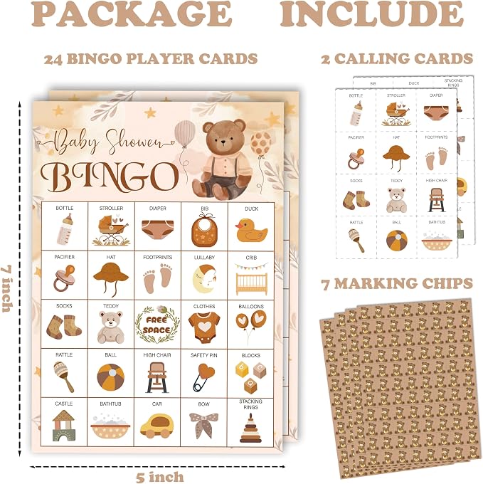 Baby Shower Bingo Game Cards Set for Guests Adults, Brown Bear Woodland Baby Shower Party Bingo Game Gender Reveal Bingo Game for Family Friends Large Group Activity, Favors Supplies Decorations