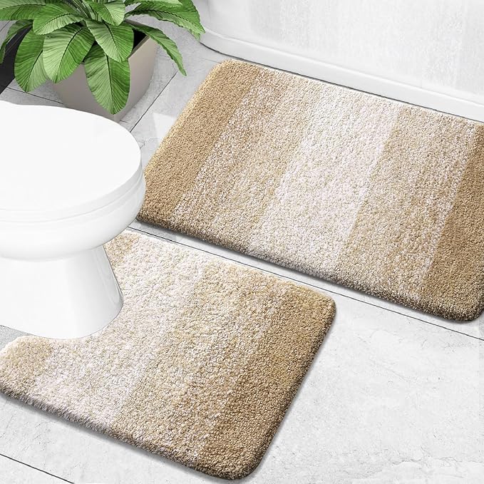 OLANLY Bathroom Rug Set 2 Piece, Soft Absorbent Microfiber Bath Mats and U-Shaped Contour Toilet Rug, Non-Slip, Machine Wash Dry, Plush Shaggy Bath Mats for Bathroom (30"x20"+U24 x20, Tan)
