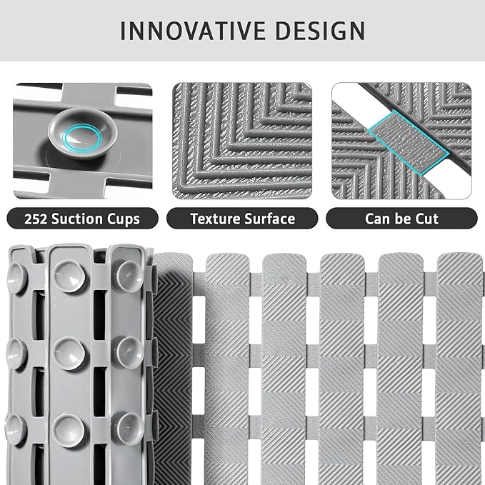 XIYUNTE Shower Mat Non Slip Bath Mat for Tub - 40 X 16 Inch PVC Bathtub Mat Non Slip Shower Mats for Inside Shower, Bath Tub Mat with Powerful Suction Cup, Easy to Cut and Dry, Grey