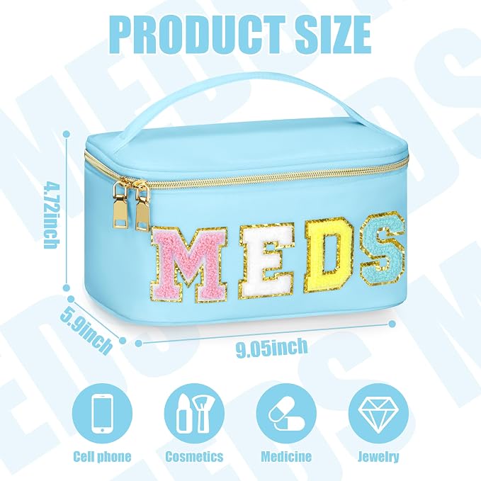BuyCard Medicines Chenille Letter Bag Nylon Meds Makeup Pouch Preppy Path with Zipper and Handle Cosmetic Toiletry Storage Purse for Women Blue