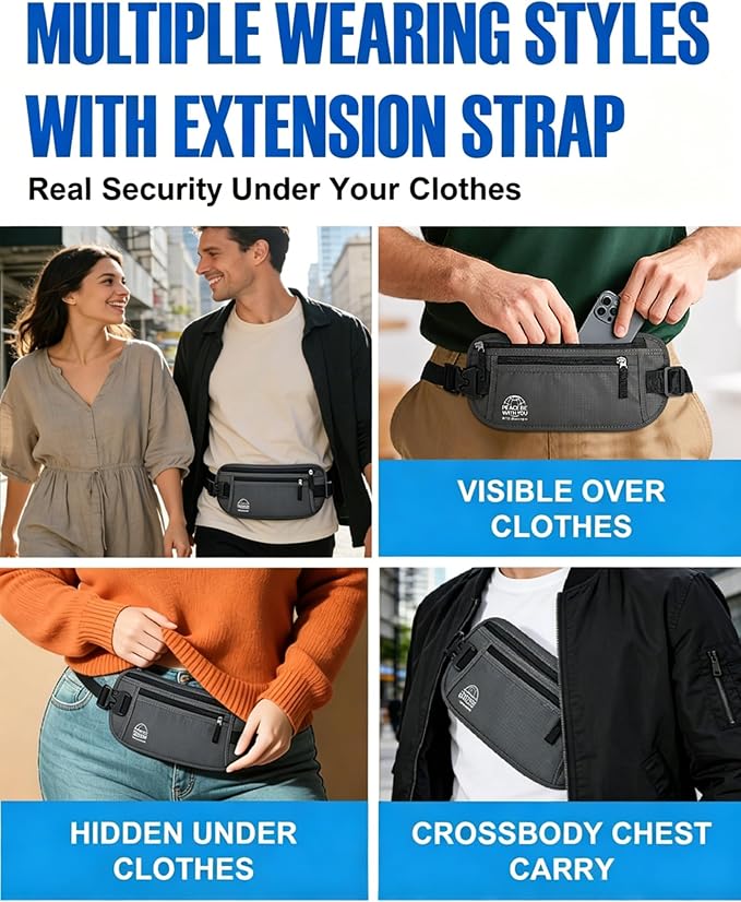 Money Belt for Travel, Passport Holder, RFID Blocking, Sweat-Proof, Gray | 3rd Gen Hidden Waist Wallet Anti Theft to Protect Cash, Credit Cards and Documents Under-Clothes for Men & Women, Bamneat
