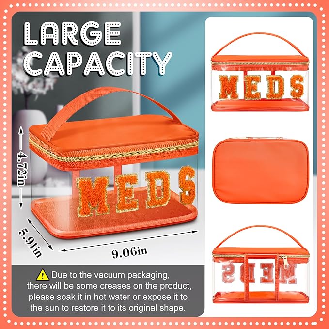 Geetery Chenille Letter Pouch, Travel Meds Bag, Nylon Orange Makeup Bag Clear Medicine Pouch for Travel, Women(Orange, Meds)