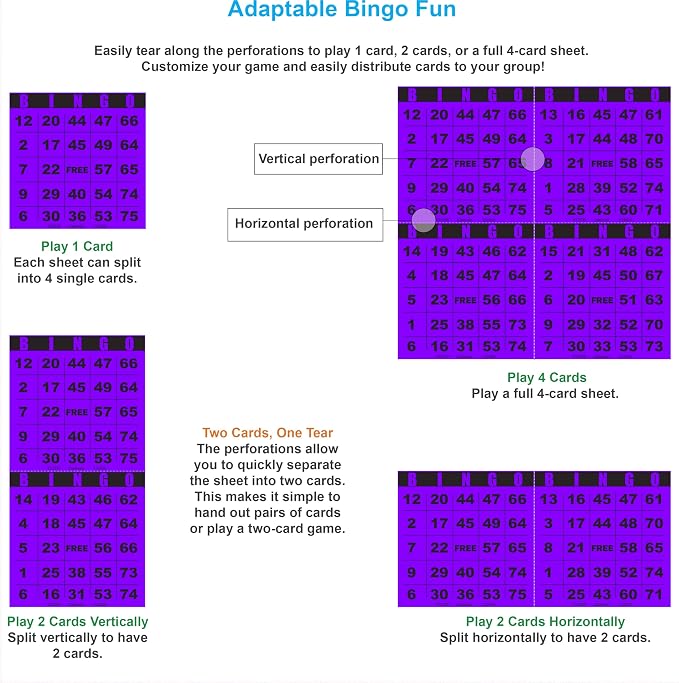 100 Bingo Cards, Large 4.5 x 4.5 Inch, Purple, Paper Bingo Sheets | 8 Color Options, Premium Cardstock, Disposable with Daubers or Reusable with Chips — Proudly Made in USA