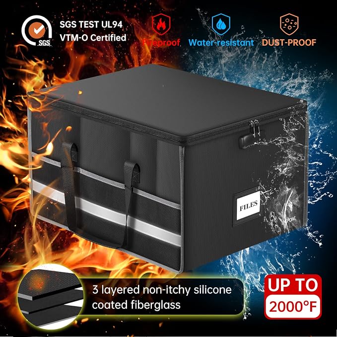 ENGPOW Fireproof File Box with Lock, Document Storage Organizer Box with Inserts and Mesh Pockets