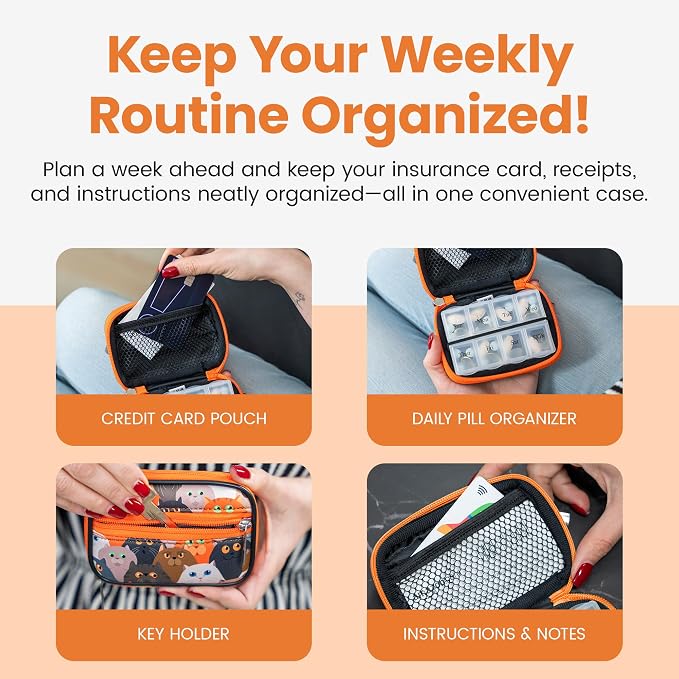 Made Easy Kit Pill Case - Weekly Medicine Organizer with Removable Seven-Day Vitamin & Supplement Box - Premium Neoprene for Travel Purse Accessory (Orange Cat)