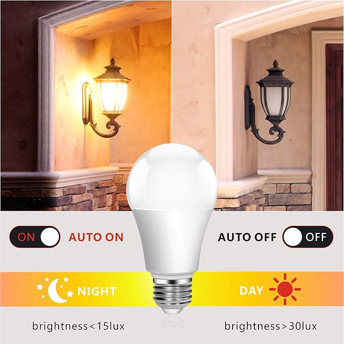 Outdoor Sensor Light Bulbs, E26 Dusk to Dawn Activated Security | Auto On/Off, Energy-Efficient, for Indoor Outdoor Lighting, Front Door Garage Basement Storage Closet, 120V, 3000K 2Pack