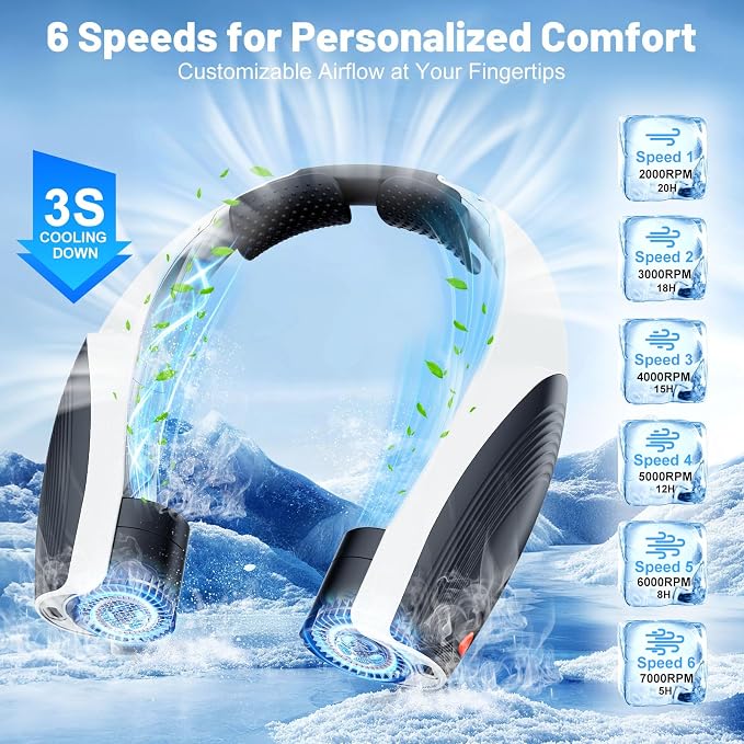 Portable Neck Fan with 6 Powerful Speeds, 8000mAh Battery Rechargeable Fan | 20H Runtime, Hands-Free 360° Cooling Personal Wearable Neck Fan, Gift for Women Men Travel Concerts(Black-White)