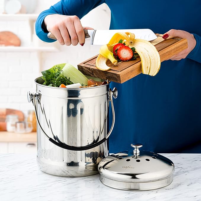 Premium Compost Bin for Kitchen Countertop - Stainless Steel Food Waste Bucket with Innovative Dual Filter Technology - Includes Spare Filters (Brilliant Steel, 1.3 Gallon)