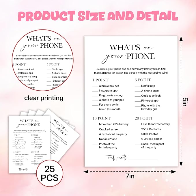 Birthday Party Game for Adults – “What’s on Your Phone?” Paper Game Cards, 25 Icebreaker Sheets for Adult Birthday Celebrations & Social Parties - A07
