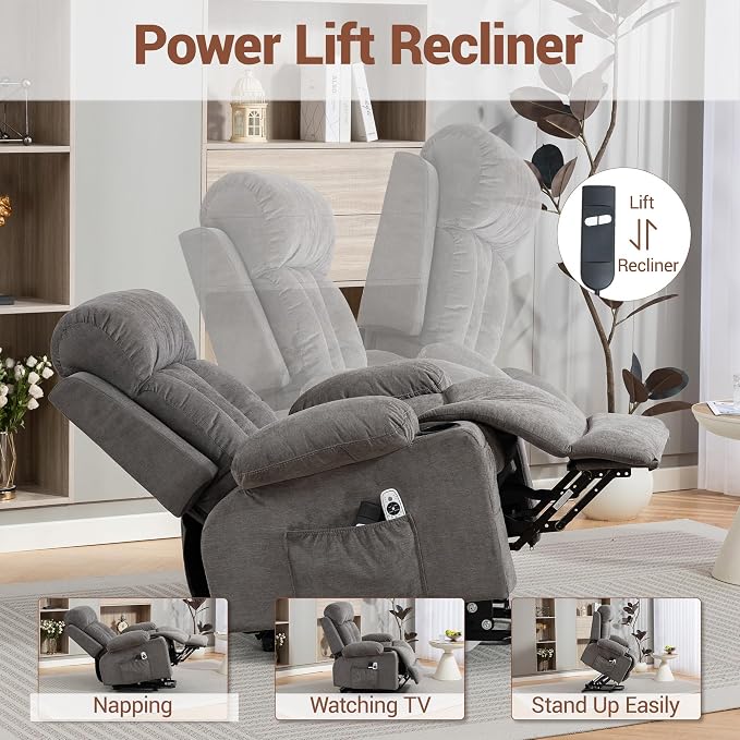 Power Lift Recliner Chair for Elderly, Electric Lift Chair with Vibration Massage and Lumbar Heat, Reclining Chair with USB Charging Port, Cup Holders, Ergonomic Sofa for Living Room, Grey