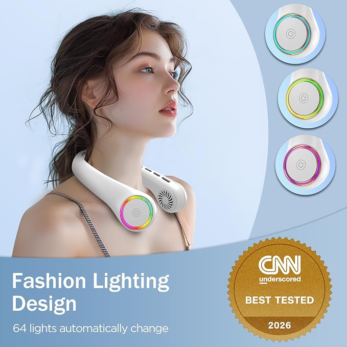 GULAKI Portable Neck Fan, Personal Fan with 4000mAh Battery, Rechargeable Neck Fan with 3 Speeds and 64 Cool Lights, Birthday Gifts for Men Women Mom Dad, Hands Free Cooling fan for Summer(White)