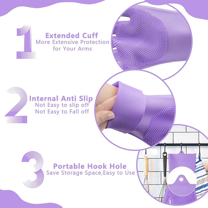 Pet Grooming Gloves—Dog Washing Gloves with High-Density Teeth, Dog Bath Scrubber with Enhanced Five Finger Design, Silicone Gloves for Dogs and Cats Bathing, Massage (Purple)