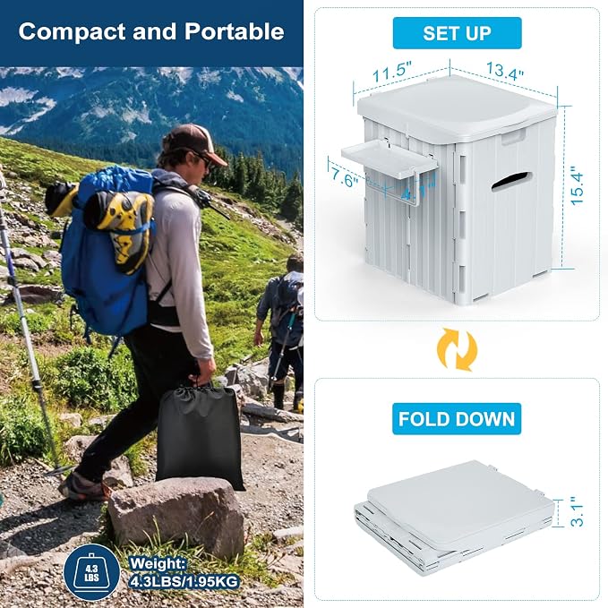 XL Portable Toilet for Adults Extra Large, 15.4"H Foldable Camping Toilet with Detachable Phone Shelf and Toilet Paper Holder, Waterproof Porta Potty with Lid for Camping, Long Road Trips, Car, Gray