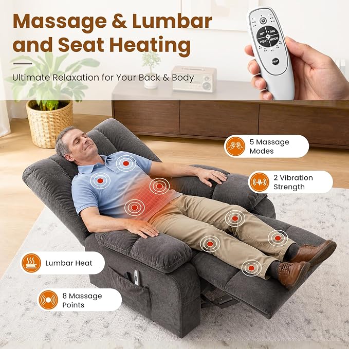 Electric Power Lift Recliner Chair Sofa with Massage and Heat for Elderly,Lift Chair with Front Pocket & Side Pockets for Living Room