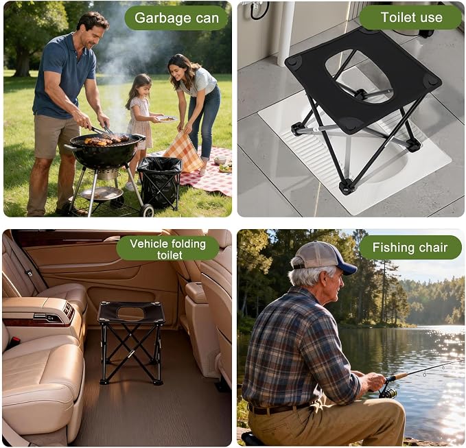 Portable camping toilet for adults, compact folding travel toilet with cover and storage bag, light emergency toilet suitable for outdoor, RV, car and hiking.