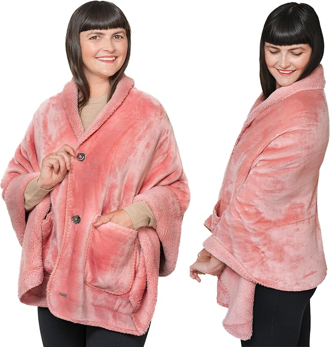 Premium Double Layer Wearable Blanket for Women -No Sleeves- Shawl with Pockets- Wrap Blanket- Gifts for Grandma (Powder Pink)