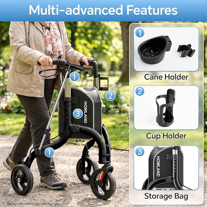 HOMLAND Foldable 3 Wheel Walkers for Seniors, Lightweight 10.4 lb | with Cane & Cup Holder, Height Adjustable, 8'' big wheel, Shiny Black