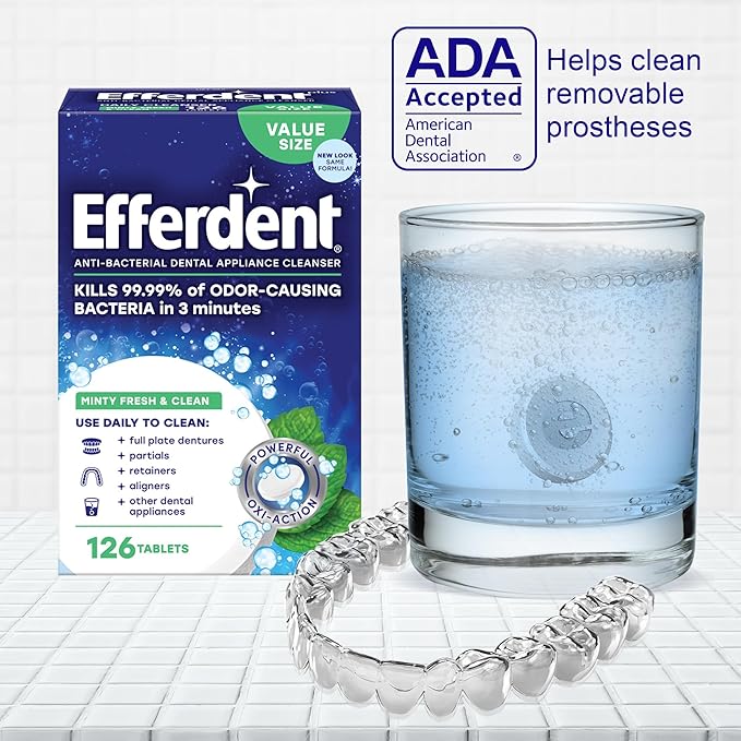 Efferdent Denture Cleaner Tablets – Dental Appliances, Aligners, Mouth Guard, and Retainer Cleaner Tablets, Minty Fresh & Clean, 44 Count