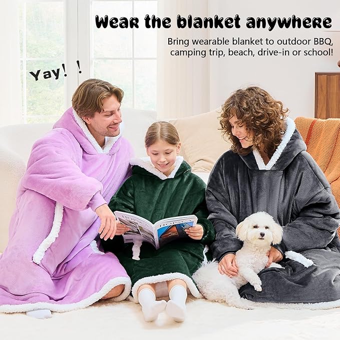 JOYWOO Green Kids Wearable Blanket Hoodie, Oversized Cat lovers Hoodie Blanket for kids & Teens,Birthday Gifts for Girl Boys,Cozy Fuzzy Sherpa Fleece Blanket Giant Pocket Winter Gifts,Dark Green