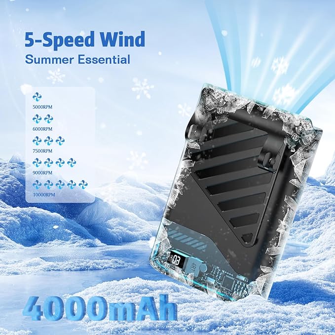 Portable Waist Fan, Powerful Rechargeable Handheld Cooling Shirt Fan with LED Display, USB C Personal Clip On Wearable Neck Straps Fans with Lanyard for Outdoor Working Sports Camping Travel