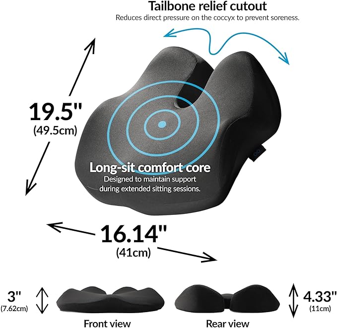Everlasting Comfort Premium Memory Foam Seat Cushion for Office & Car - Elevate Series Ergonomic Chair Cushion - Doctor Recommended Support Pillow for Tailbone, Sciatica Pain Relief, Desk Accessories