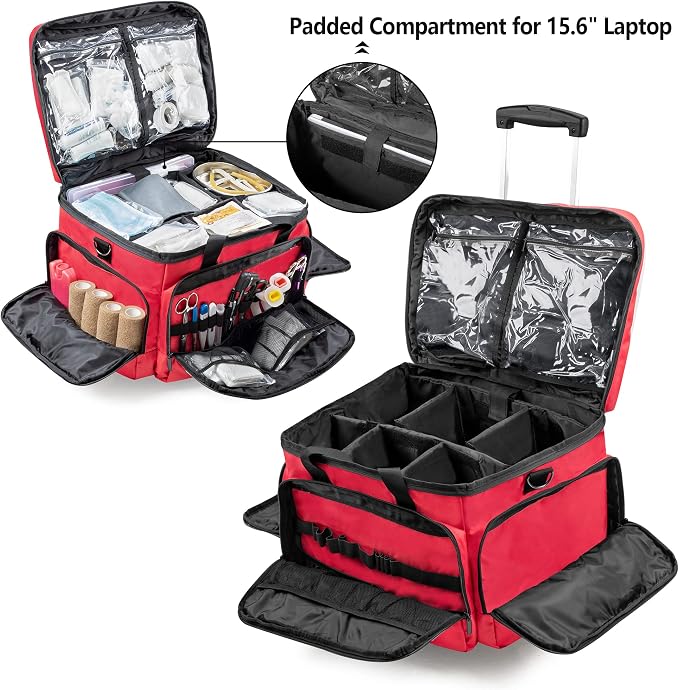 Trunab Rolling Medical Bag with Detachable Trolley, Nurse Responder Case | 15.6" laptop sleeve, Removable Dividers, Empty Bag for EMT/EMS/Doctors/Nurses
