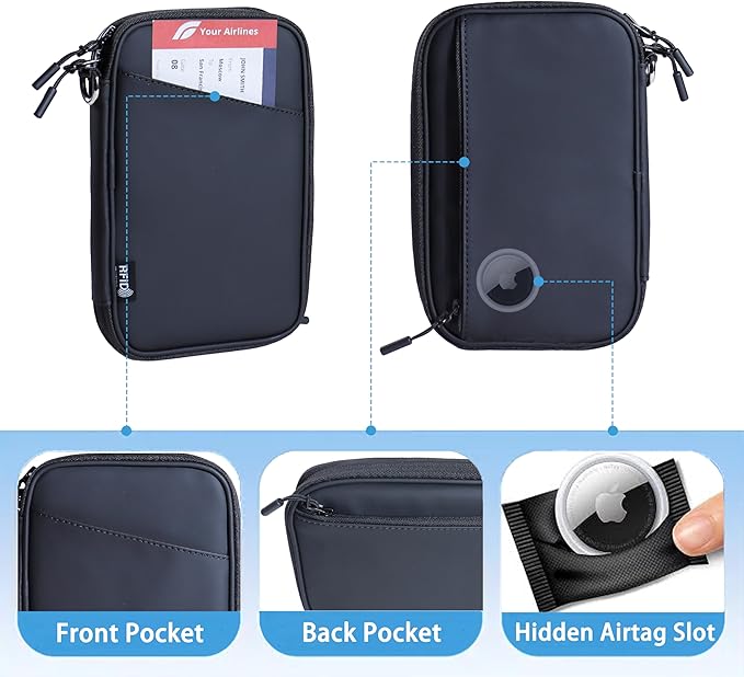 Lagre Family Passport Holder for 4, Black | Passport Wallet for Travel, RFID Blocking, Waterproof with Zipper, Airtag Case, Multiple Passport Bag