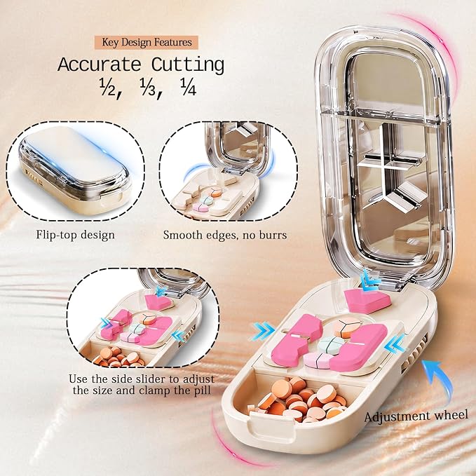 Pill Cutter Splitter for Small or Tiny and Large Pills, Precise Split 1/2, 1/3, 1/4, Pill Divider for Seniors, Adults, Kids and Pets, with Portable Pill Dispenser & Storage Bag and Tweezers