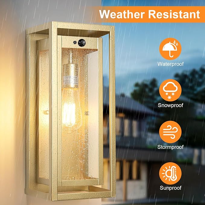 15" Motion Sensor Outdoor Wall Lights, Outdoor Sconces, 2 Pack | Dusk to Dawn, Large Size, Anti-Rust, Waterproof, Easy Installation, Gold Modern Exterior Lighting Fixtures for House Porch