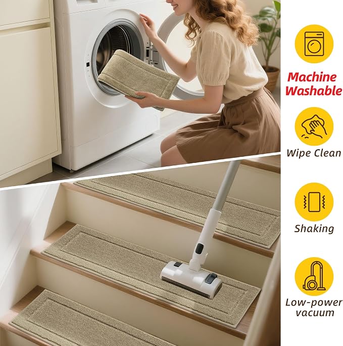 JSEI Stair Treads for Wooden Steps Indoor, 4-Pack, 30" x 8", Beige | Non Slip Stair Treads, Washable Polyester Stair Mats with TPE Backing, Low Profile Stair Rugs for Kids, Seniors and Dogs