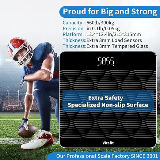 Vitafit FSA&HSA 660lb Weight Scale, Accuracy 0.1lb by Our Professional Scale Factory Since 2001,Smart Digital Scale for Body Weight BMI via APP, 8mm Non-Slip Tempered Glass 12.4" x 12.4",3xAAA, Black