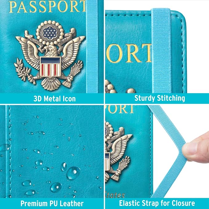 Passport Holder for Travel Men, RFID Blocking Passport Wallet Cover Case, Waterproof Leather Travel Wallet for Men Women, Document Protector for Traveling Accessories-Lake Blue