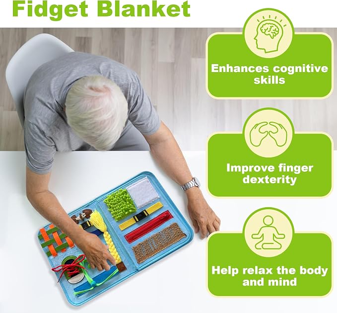 Fidget Blanket for Adults with Dementia, Best Gifts for Dementia Patients, Dementia Activities for Seniors, Busy board for Alzheimers Activities, 11.8 * 20.3 in, Blue