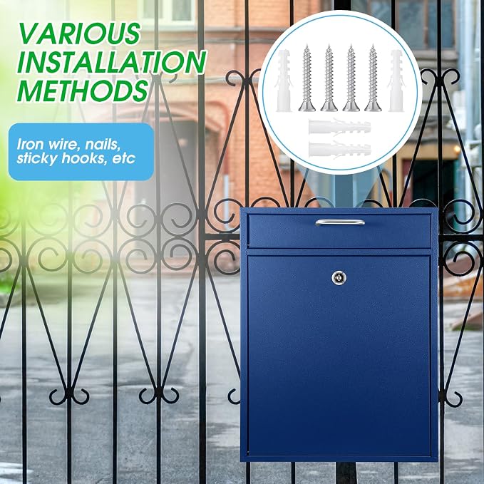 Yaocom Locking Mailbox with Key for Outdoor 18 x 15 x 7 Inches Large Wall Mount Mail Box with Lock Security Mail Drop Metal Collection Boxes Hanging Secure Postbox(Dark Blue)