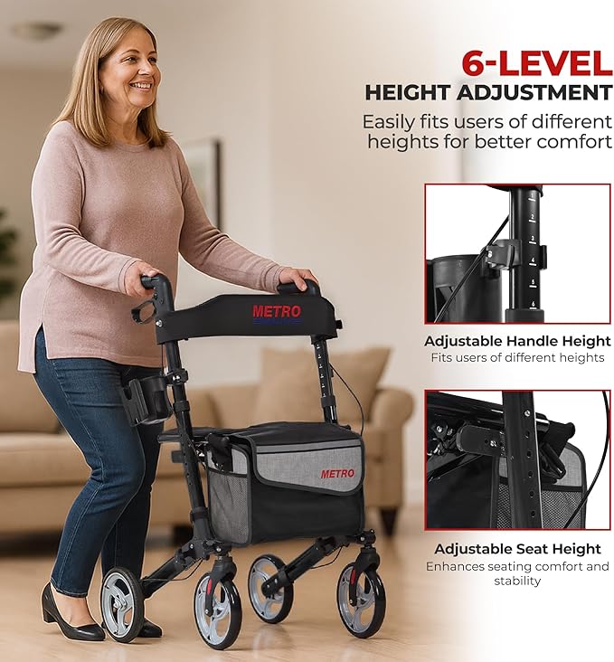 Metro Mobility Rollator Walker with Seat for Seniors, Foldable Lightweight Rolling Walker, 8" Big Wheels for All Terrain, 300 lb. Weight Capacity, Black