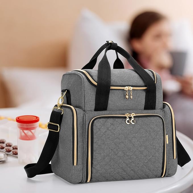 LUXJA Large Medicine Bag with 2 Removable Cases, Gray | Medicine Storage Bag with Multiple Pockets, Pill Bottle Organizer with Shoulder Strap, Trolley Sleeve for Travel or Home