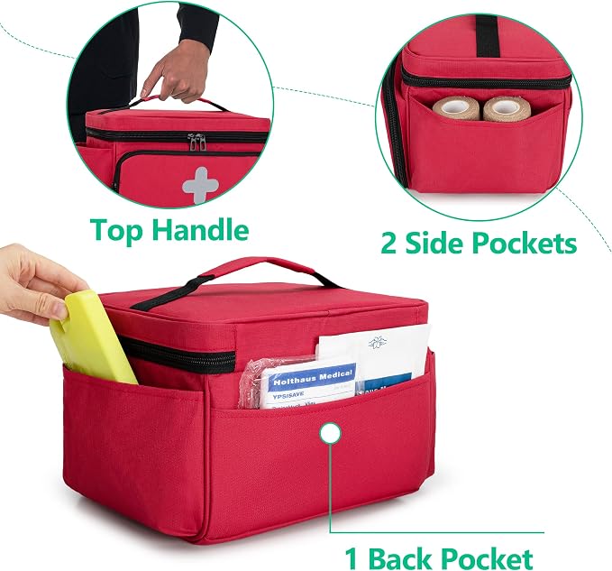 CURMIO Small Medicine Storage Bag, Empty Family First Aid Kits Case, Red | Emergency Medical Supplies for Home Care, Pill Bottle Organizer, Multifunctional Bag for Medical Use, Dormitory, Travel