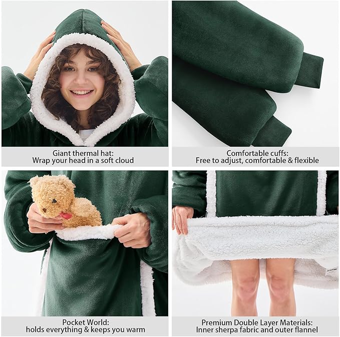 JOYWOO Green Wearable Blanket Hoodie,Oversized Cat Lovers Sweatshirt Blanket for Adult & Teens,Birthday Gifts for Women Men Mom Girl Boys,Cozy Sherpa Blanket Giant Pocket Gifts,Dark Green Small